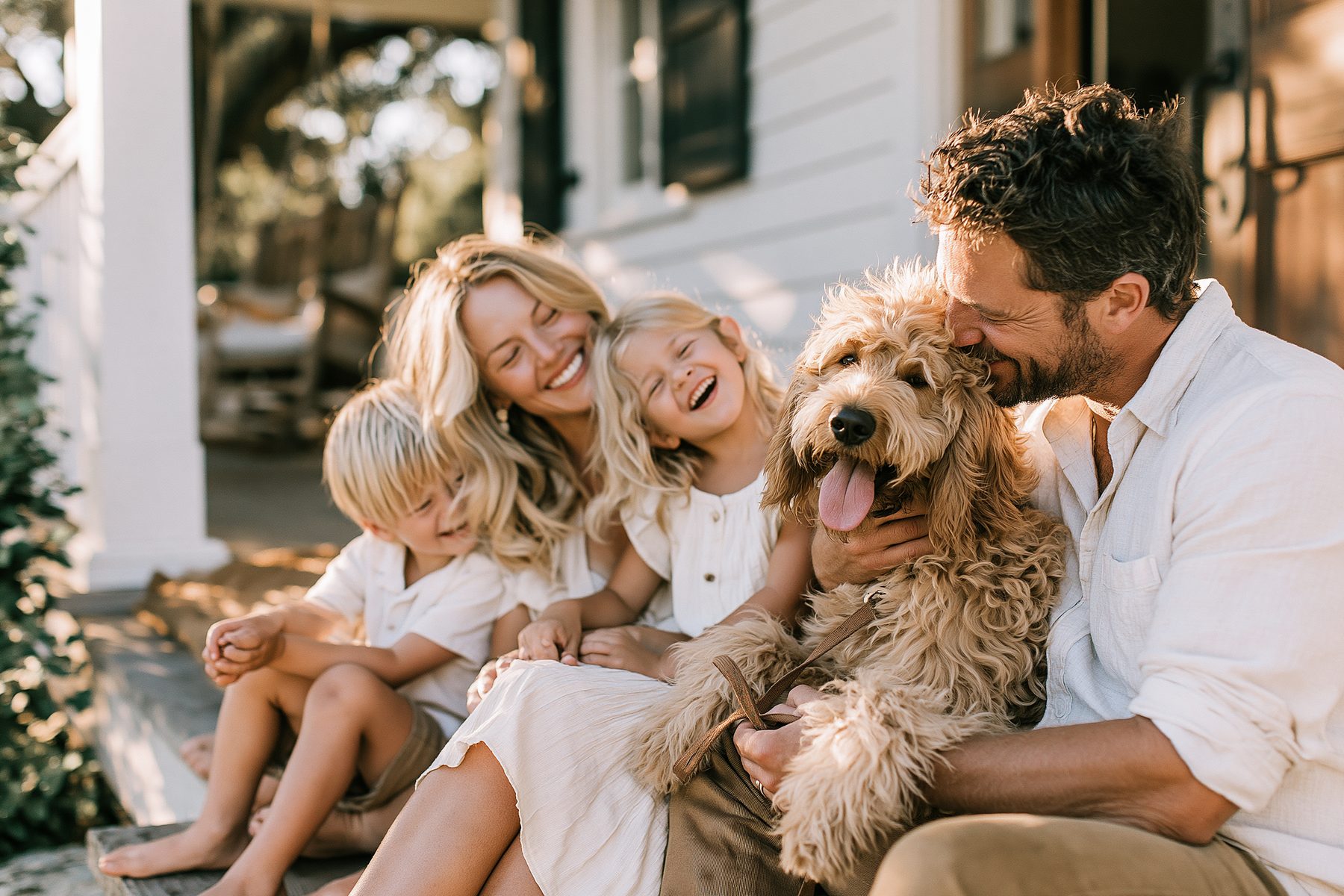 A family playing with a goldendoodle puppy on their farmhouse porch