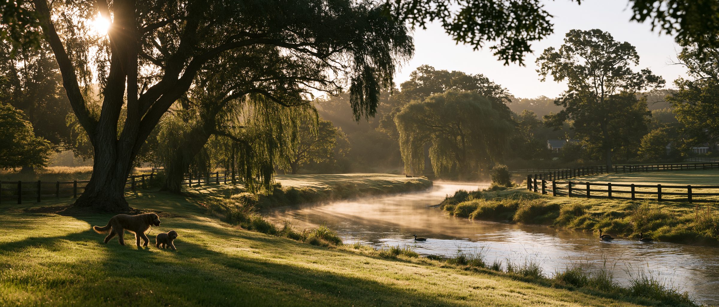 Goldendoodles walking the creek bank beneath the willows at golden hour