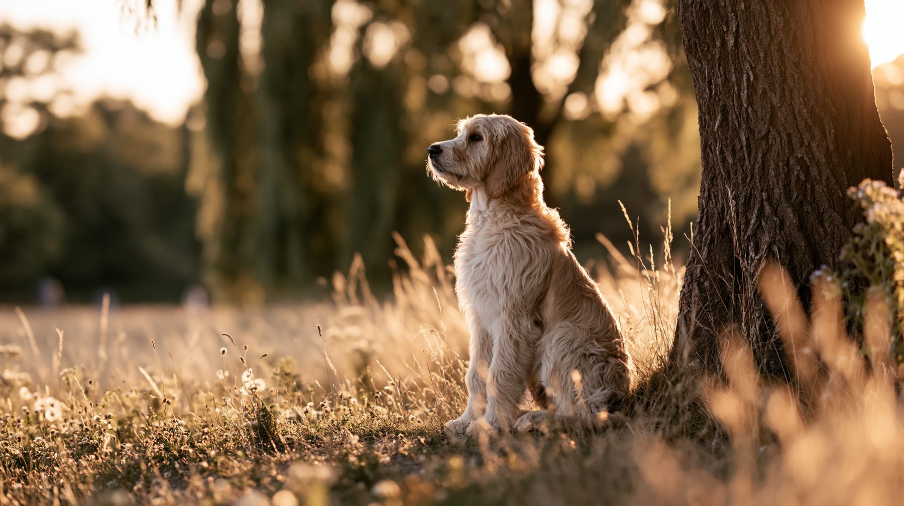 A cream goldendoodle puppy sitting in a wildflower meadow